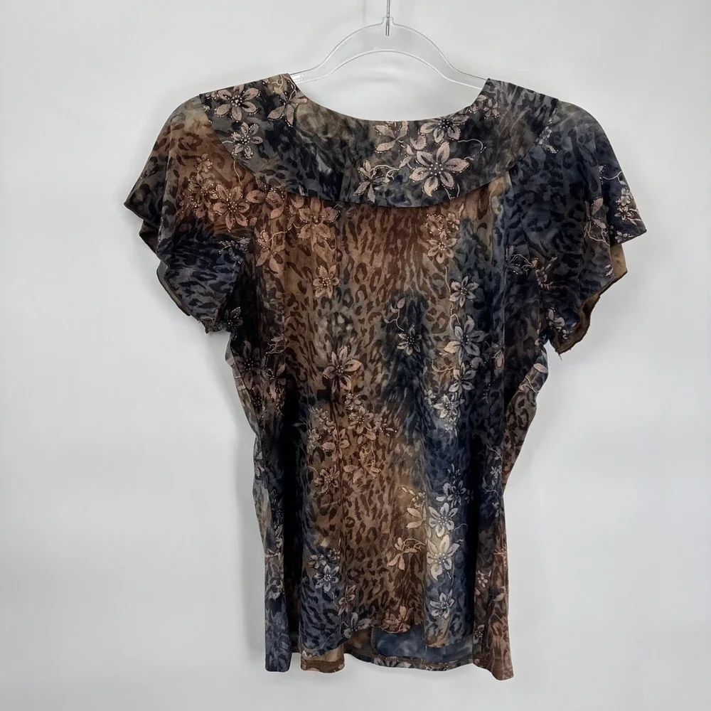 Vintage Y2K Dressbarn Top Womens Medium Brown Gray Grunge‎ Fairy Ruffle Sparkle